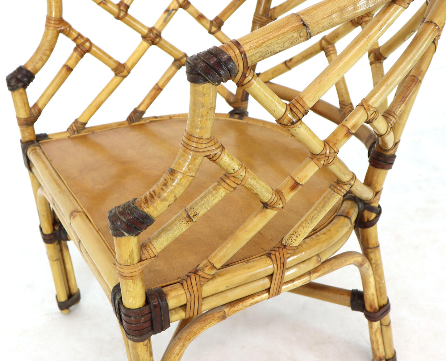 McGuire 7  Pieces Bamboo Dining Set Round Glass Top Table Two Arm Chairs Leather