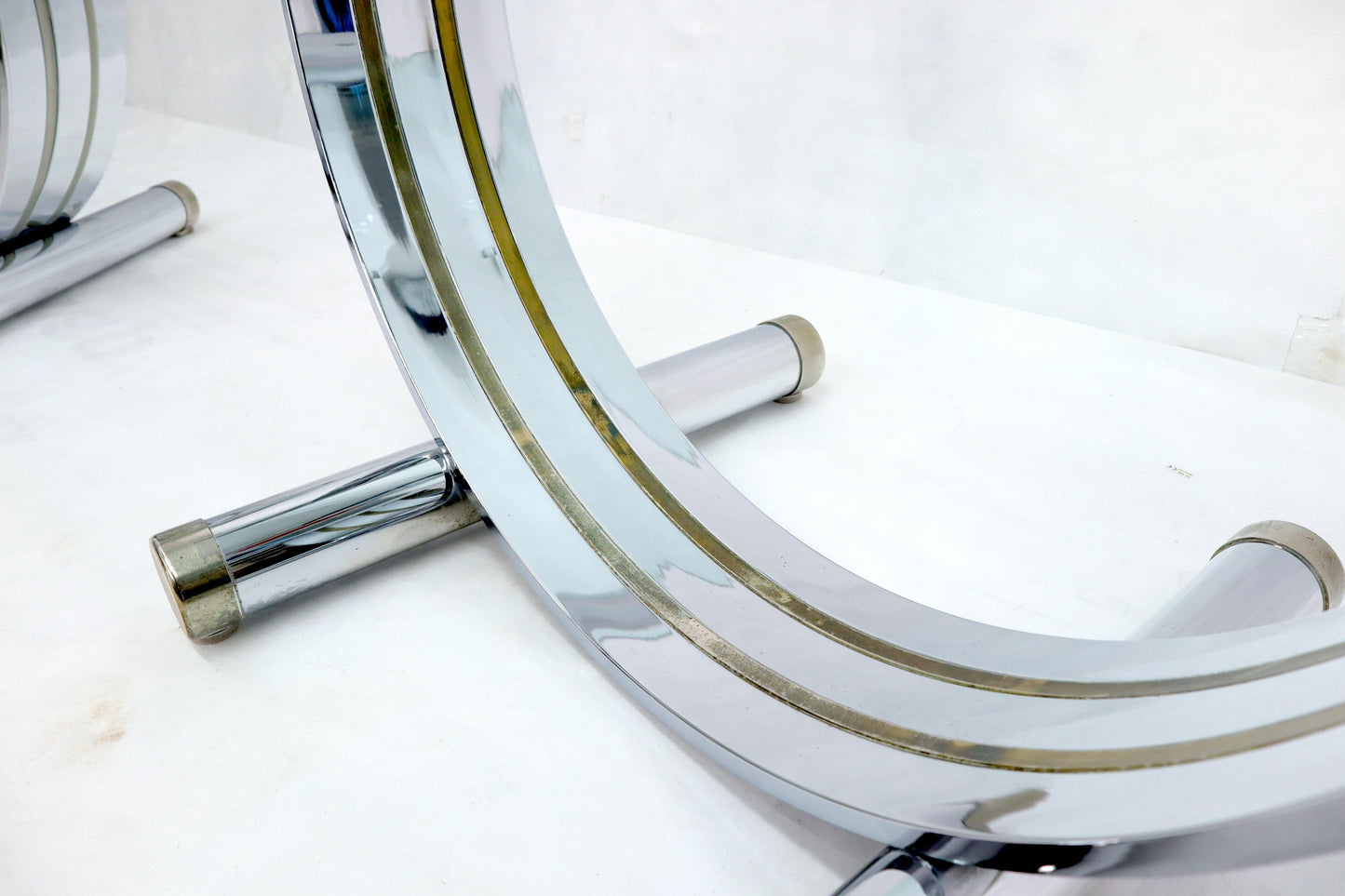 Pair of Chrome & Brass U Shape Bases Glass Top End Side Occasional Tables