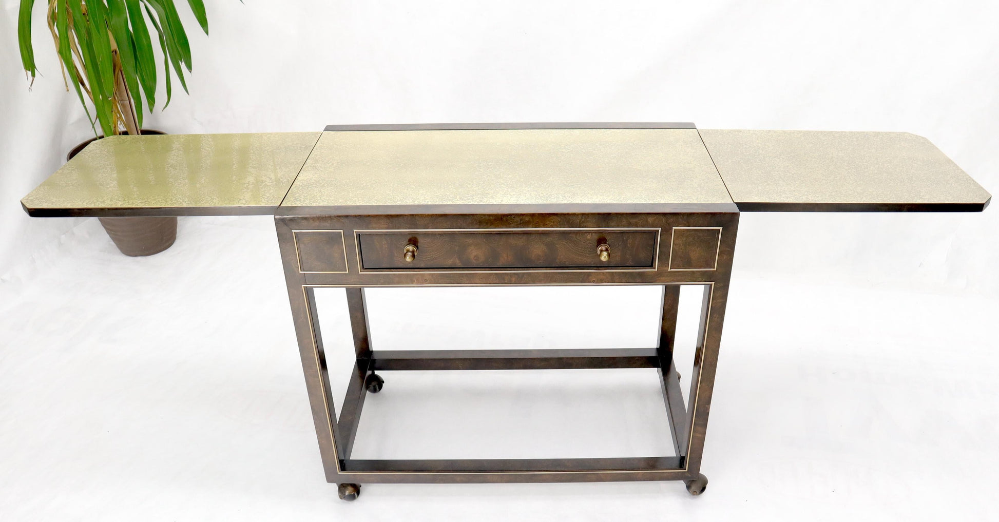 EstablishedLines Drop Leaf Textured Brass Top Burl Wood Rolling Serving Cart Bar by Mastercraft