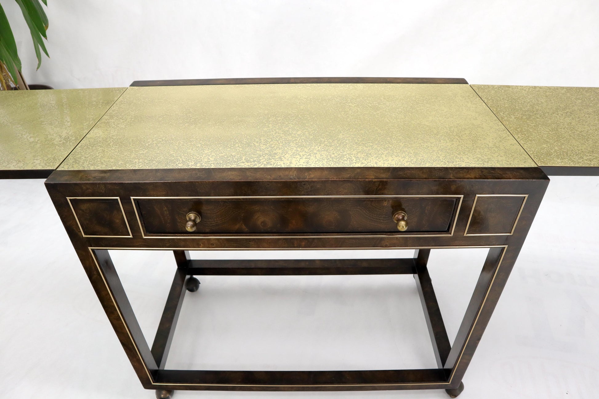 EstablishedLines Drop Leaf Textured Brass Top Burl Wood Rolling Serving Cart Bar by Mastercraft