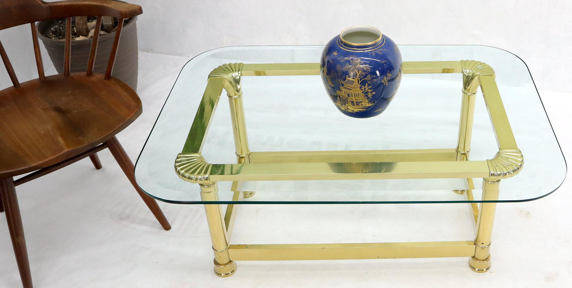 EstablishedLines Vintage Italian Polished Brass Base Glass Top Coffee Table Rounded Scallop