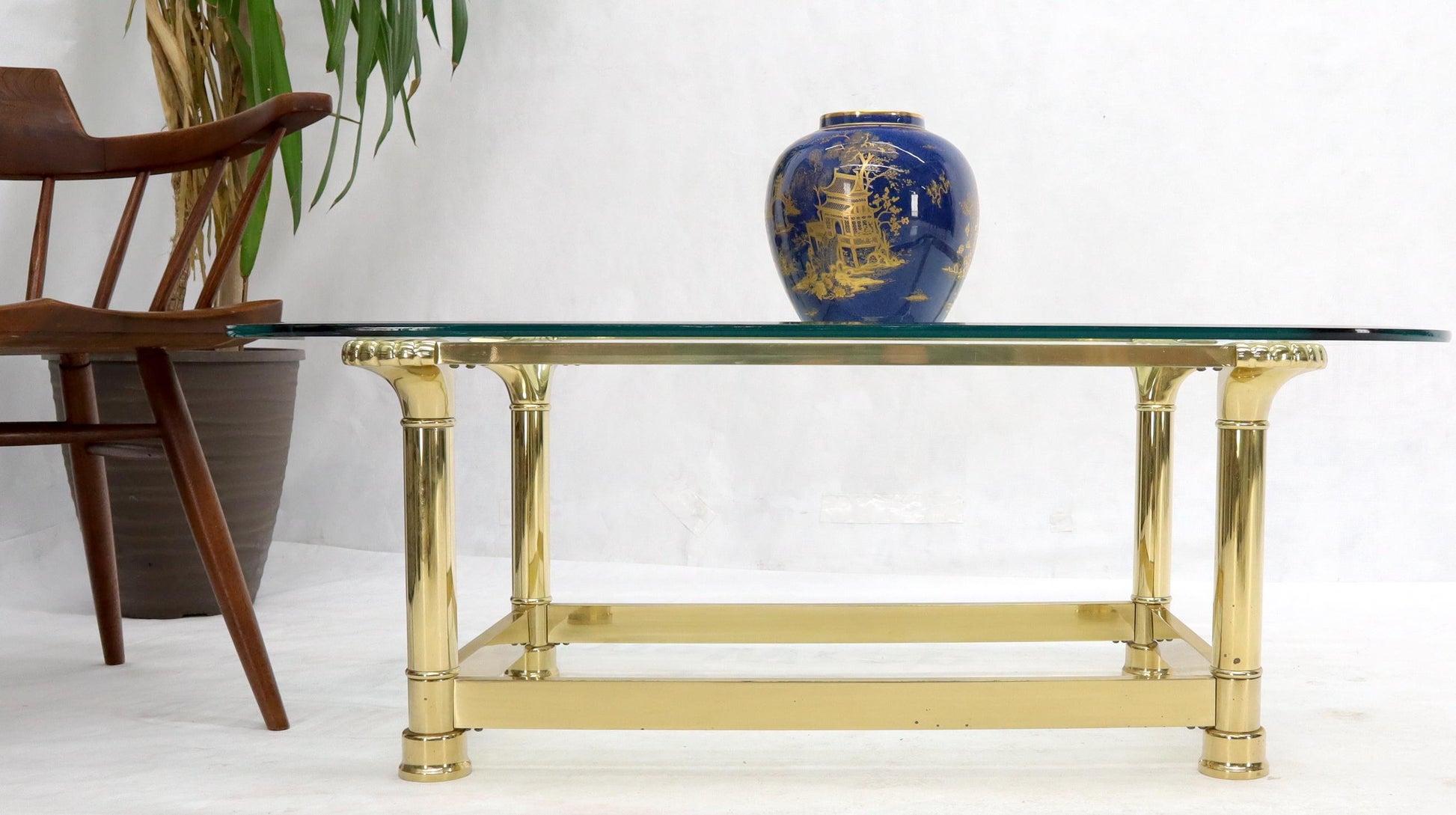 EstablishedLines Vintage Italian Polished Brass Base Glass Top Coffee Table Rounded Scallop