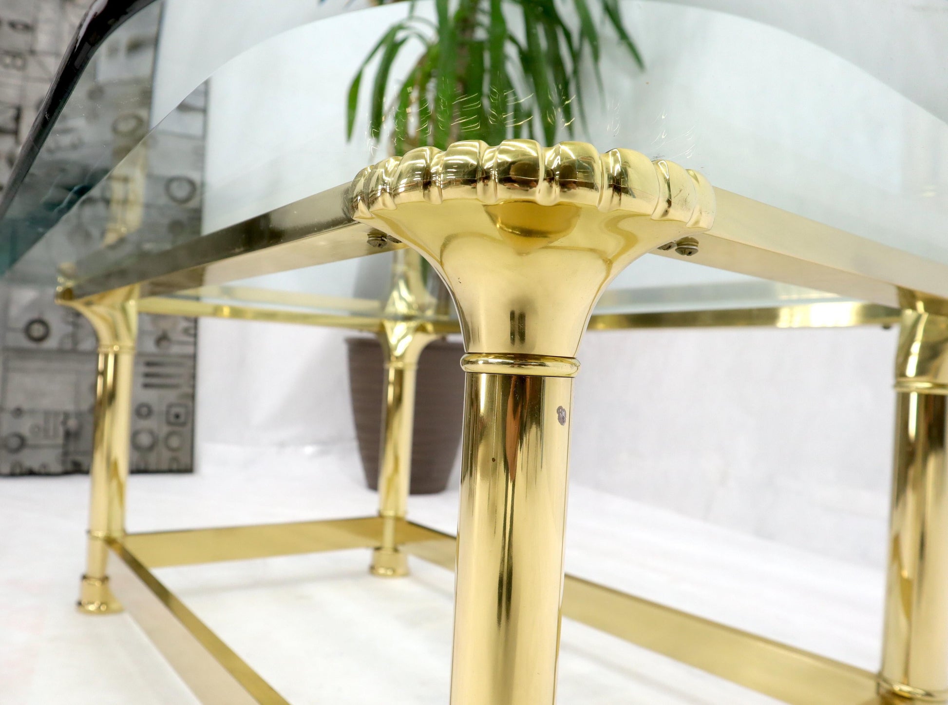 EstablishedLines Vintage Italian Polished Brass Base Glass Top Coffee Table Rounded Scallop
