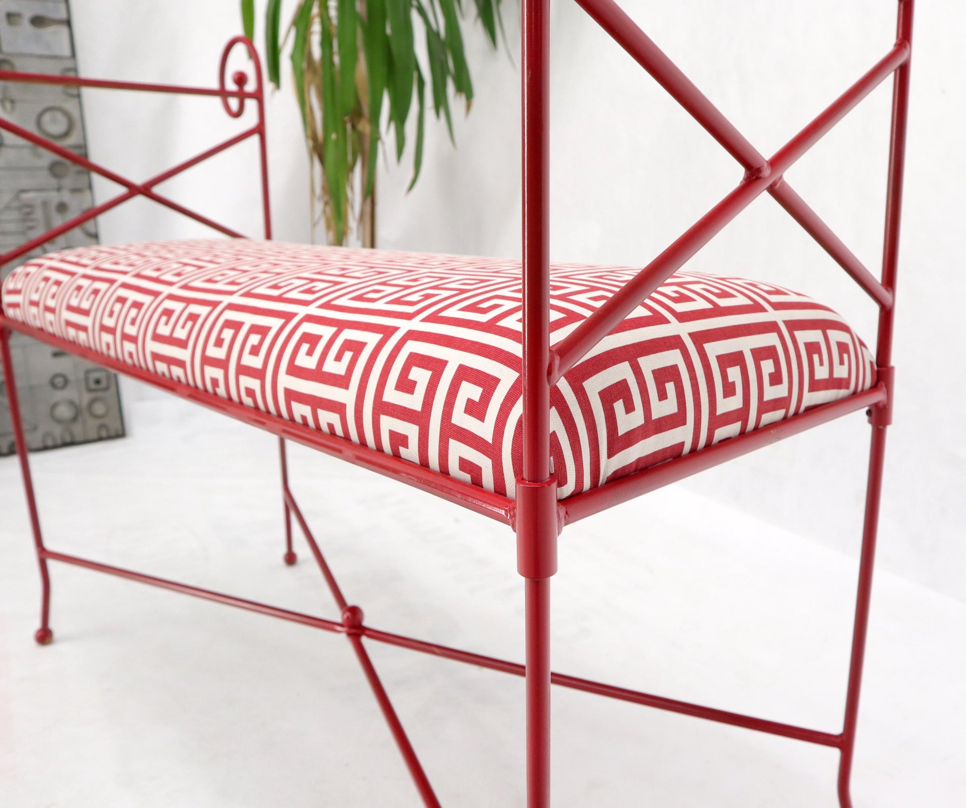 EstablishedLines Circa 1960s Wrought Iron Window Bench Fully Restored New Red Lacquer Upholstery