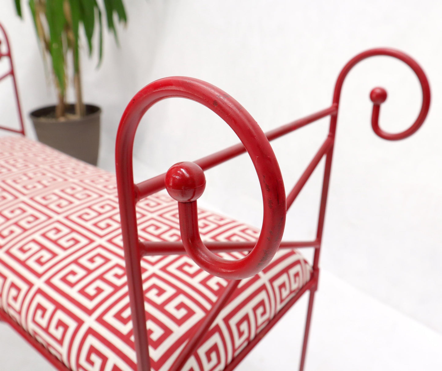 EstablishedLines Circa 1960s Wrought Iron Window Bench Fully Restored New Red Lacquer Upholstery