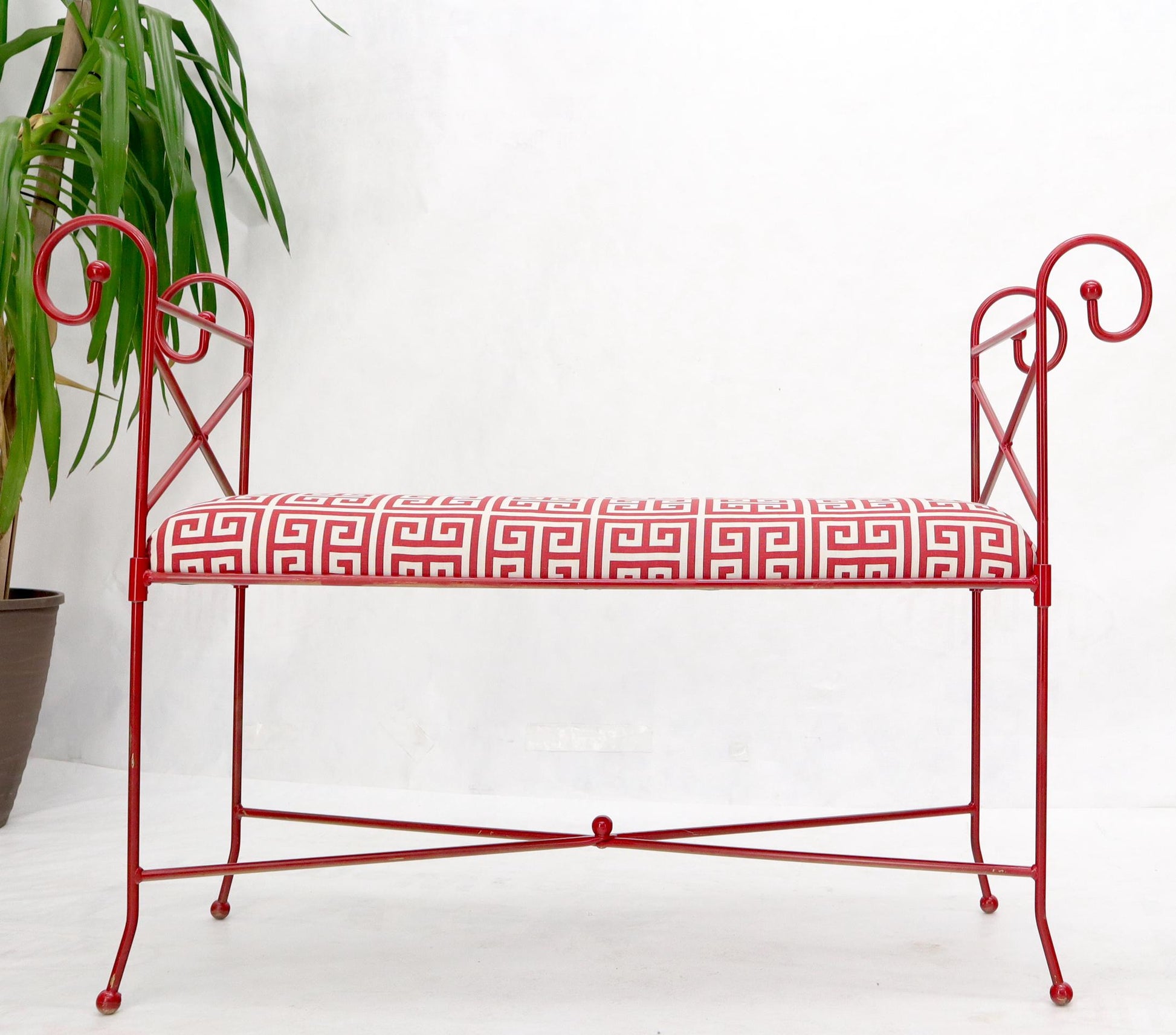 EstablishedLines Circa 1960s Wrought Iron Window Bench Fully Restored New Red Lacquer Upholstery