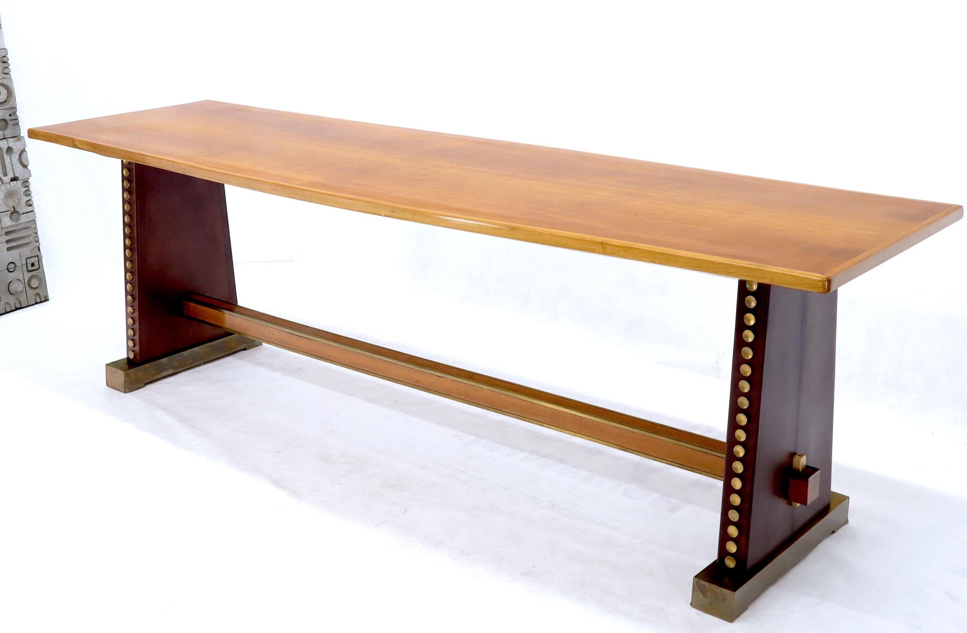 EstablishedLines Narrow Long Boat Shape Walnut Dining Harvest Table Studs Leather Brass Decorated