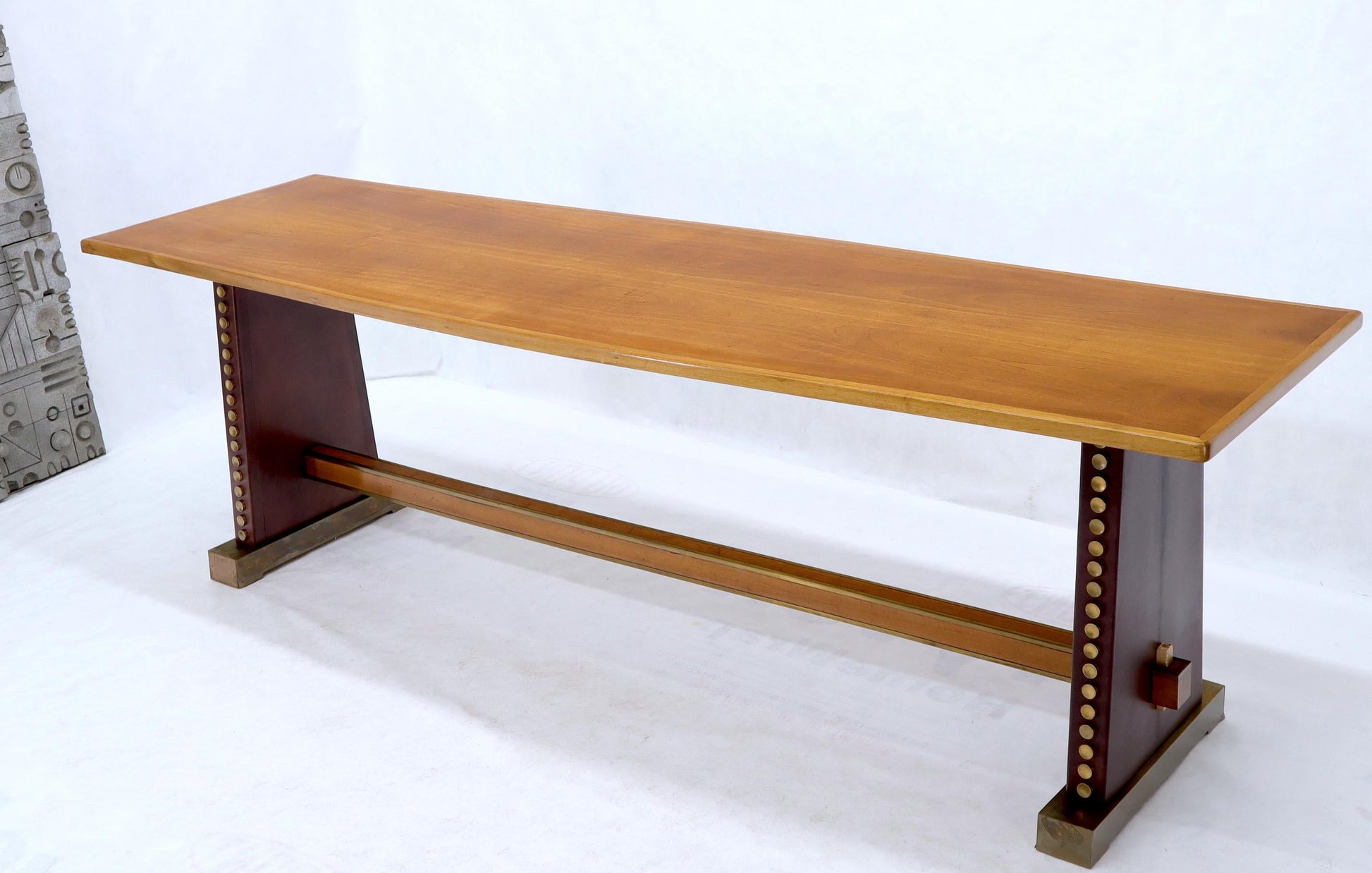EstablishedLines Narrow Long Boat Shape Walnut Dining Harvest Table Studs Leather Brass Decorated