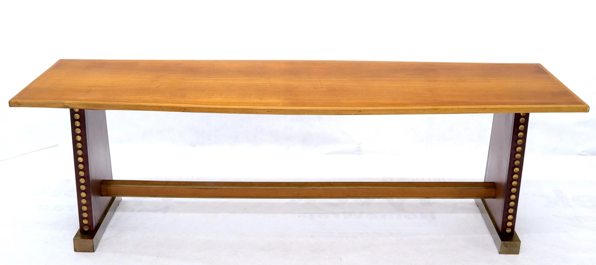 EstablishedLines Narrow Long Boat Shape Walnut Dining Harvest Table Studs Leather Brass Decorated