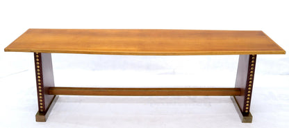 EstablishedLines Narrow Long Boat Shape Walnut Dining Harvest Table Studs Leather Brass Decorated