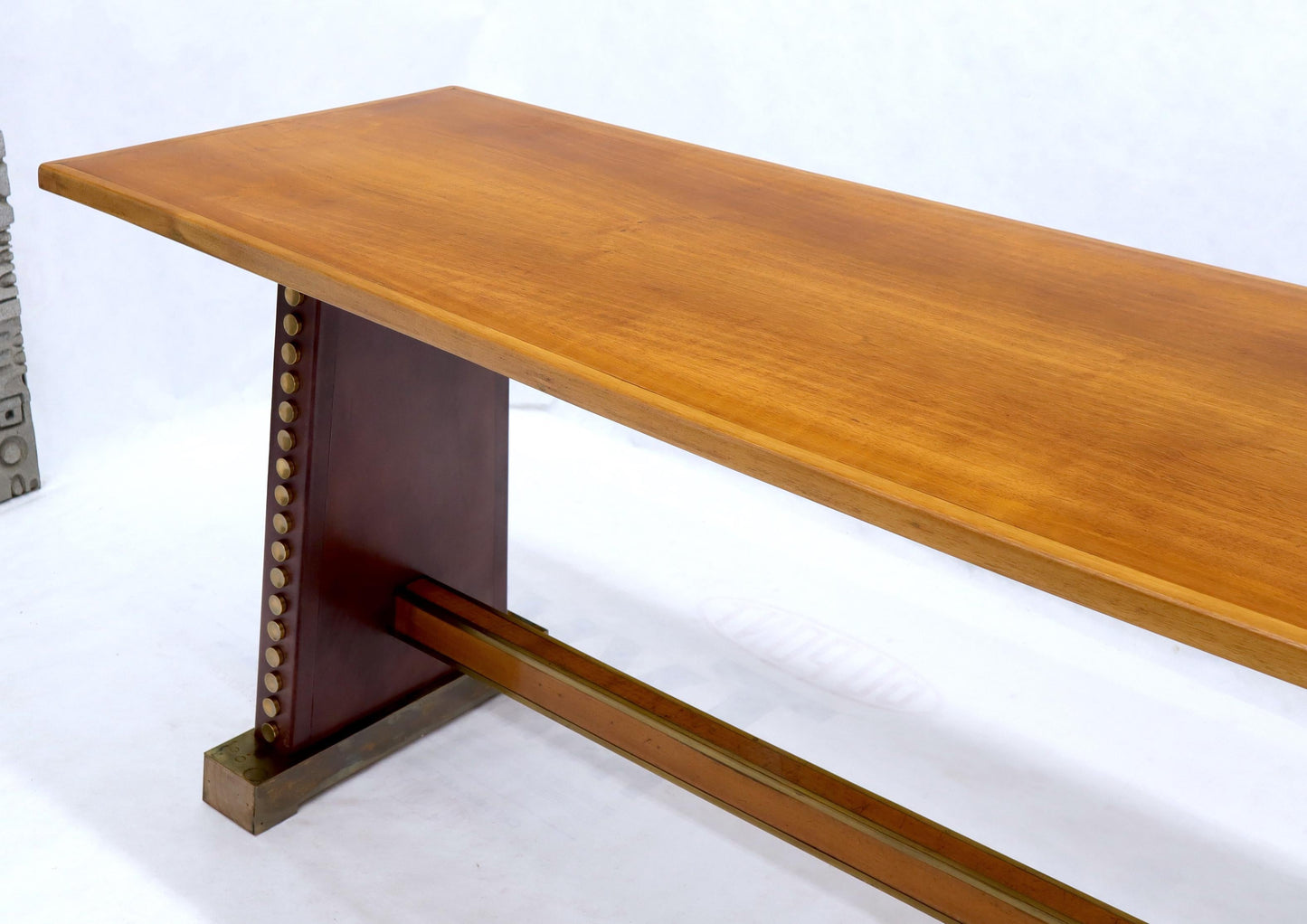 EstablishedLines Narrow Long Boat Shape Walnut Dining Harvest Table Studs Leather Brass Decorated