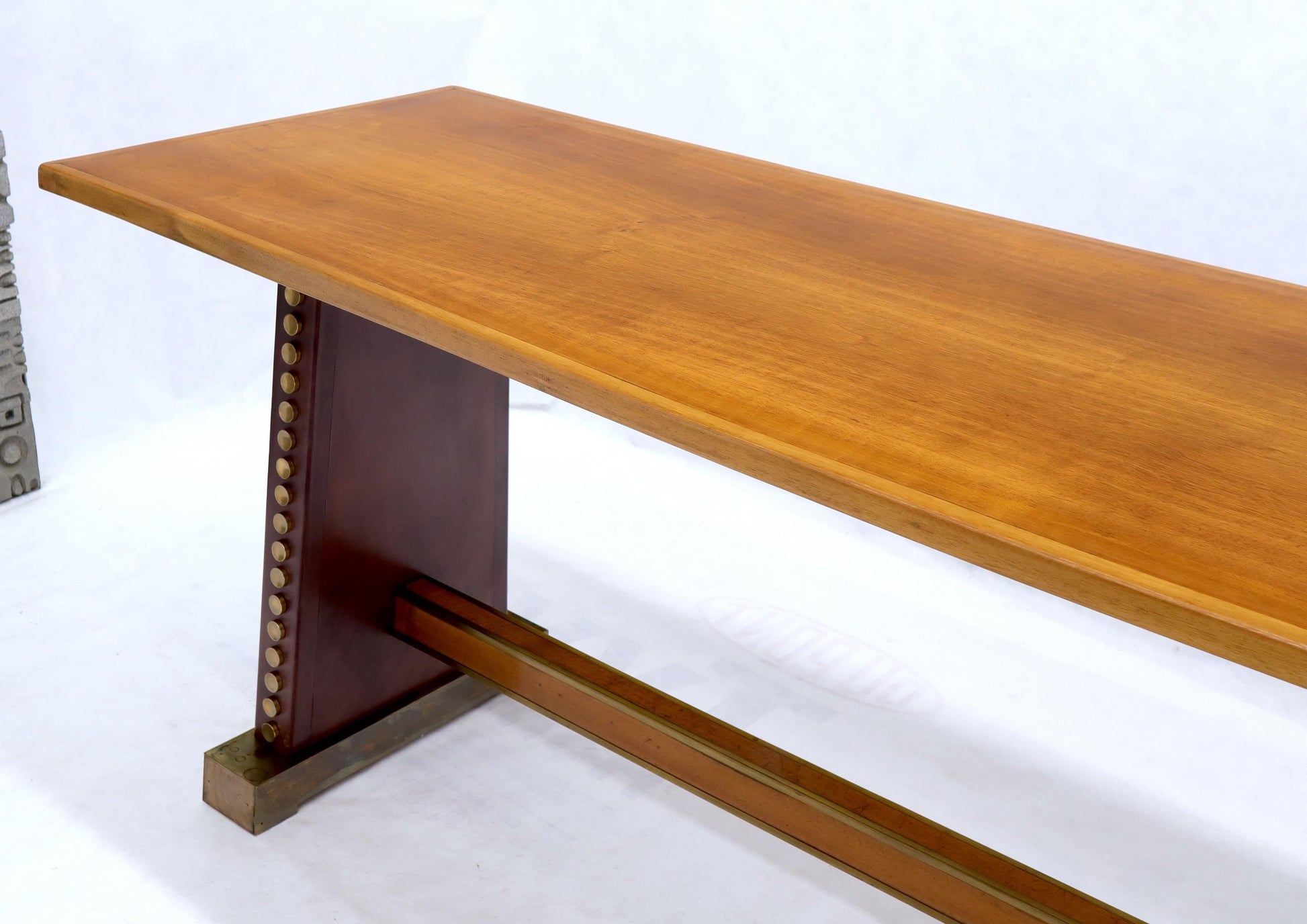 EstablishedLines Narrow Long Boat Shape Walnut Dining Harvest Table Studs Leather Brass Decorated