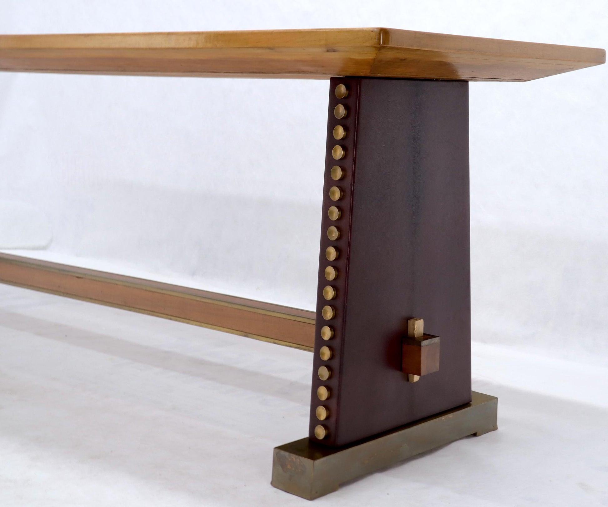 EstablishedLines Narrow Long Boat Shape Walnut Dining Harvest Table Studs Leather Brass Decorated