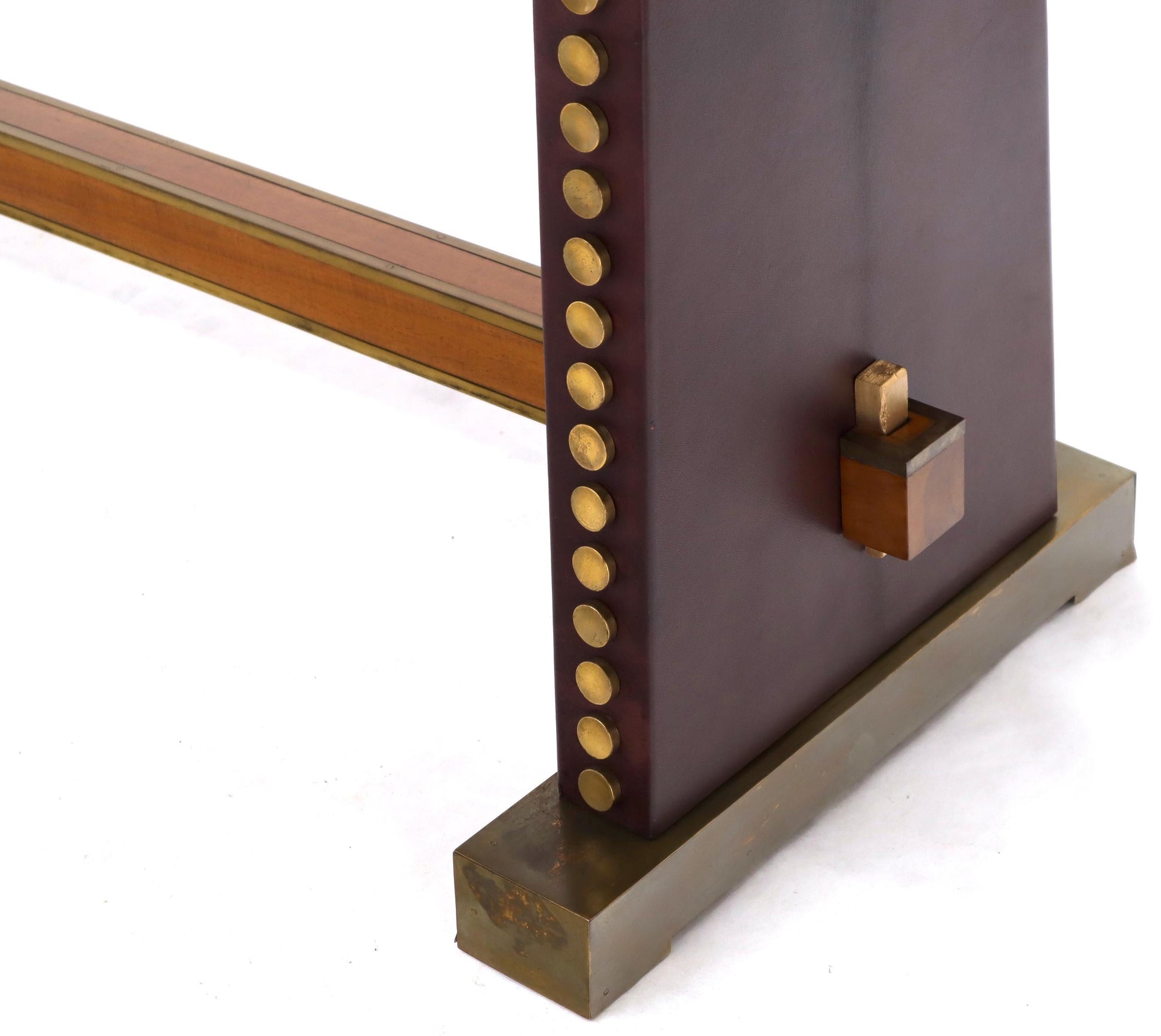EstablishedLines Narrow Long Boat Shape Walnut Dining Harvest Table Studs Leather Brass Decorated