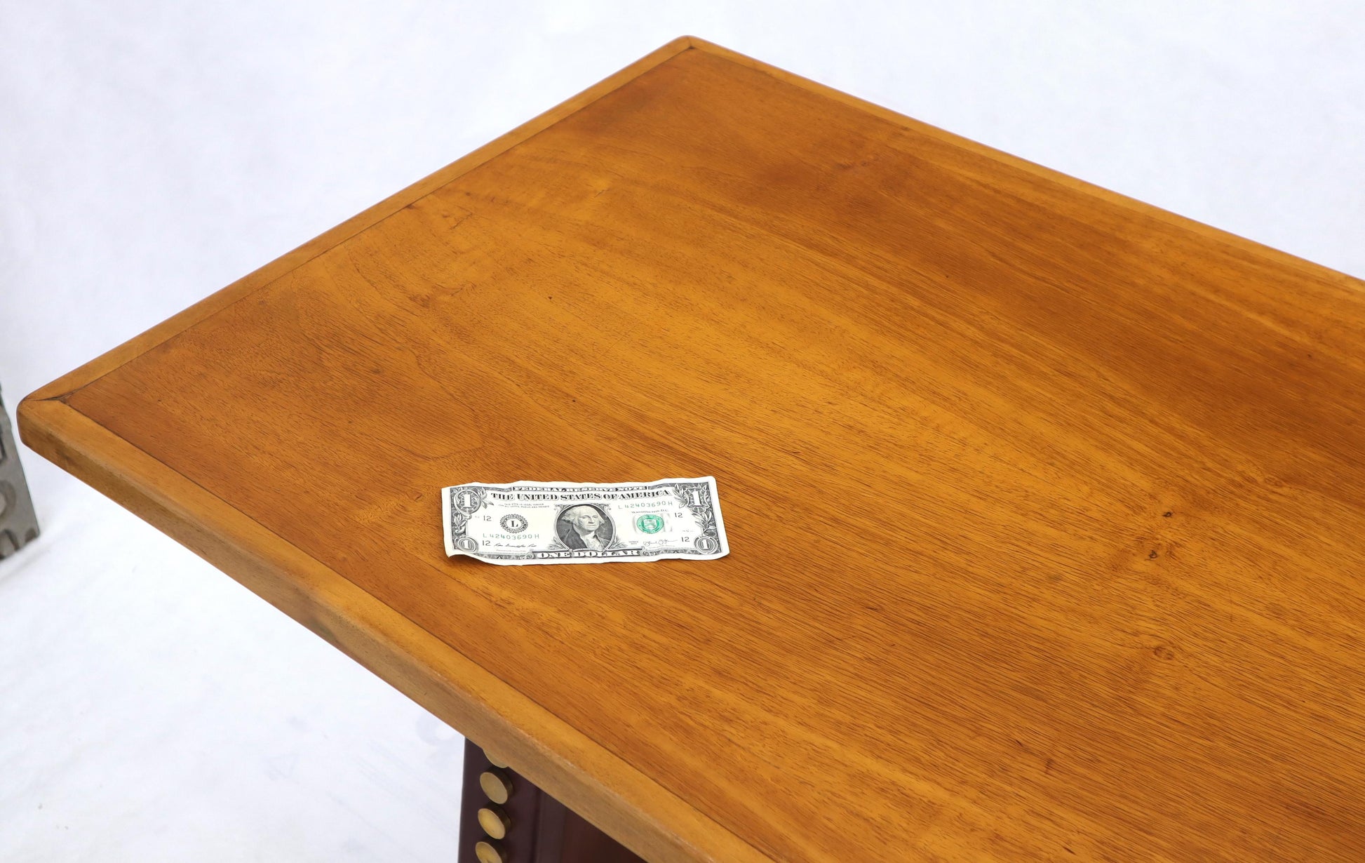 EstablishedLines Narrow Long Boat Shape Walnut Dining Harvest Table Studs Leather Brass Decorated