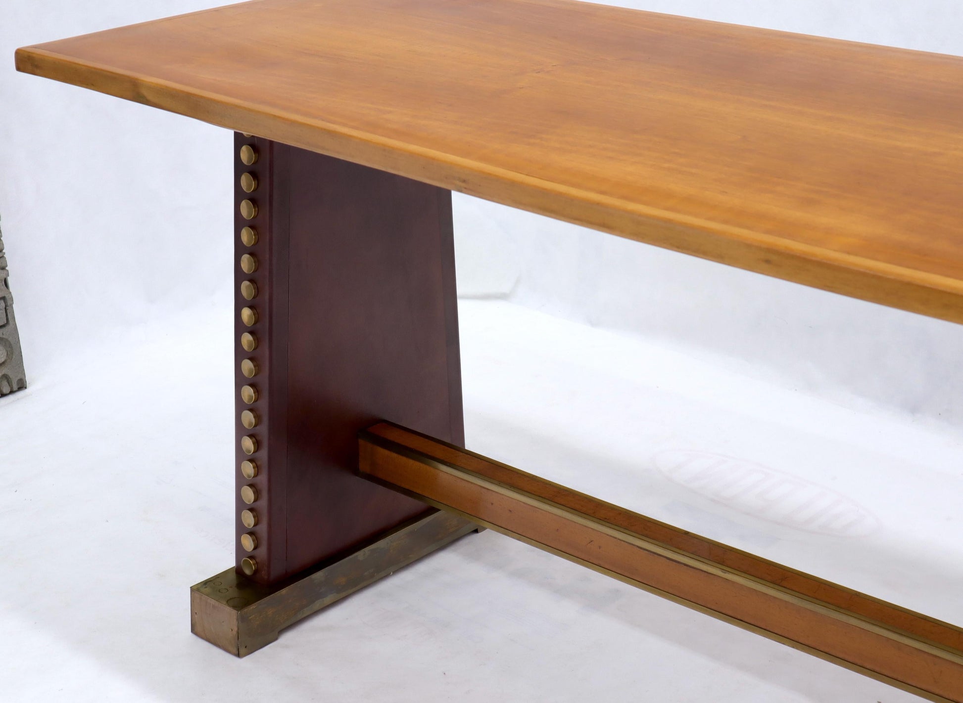 EstablishedLines Narrow Long Boat Shape Walnut Dining Harvest Table Studs Leather Brass Decorated