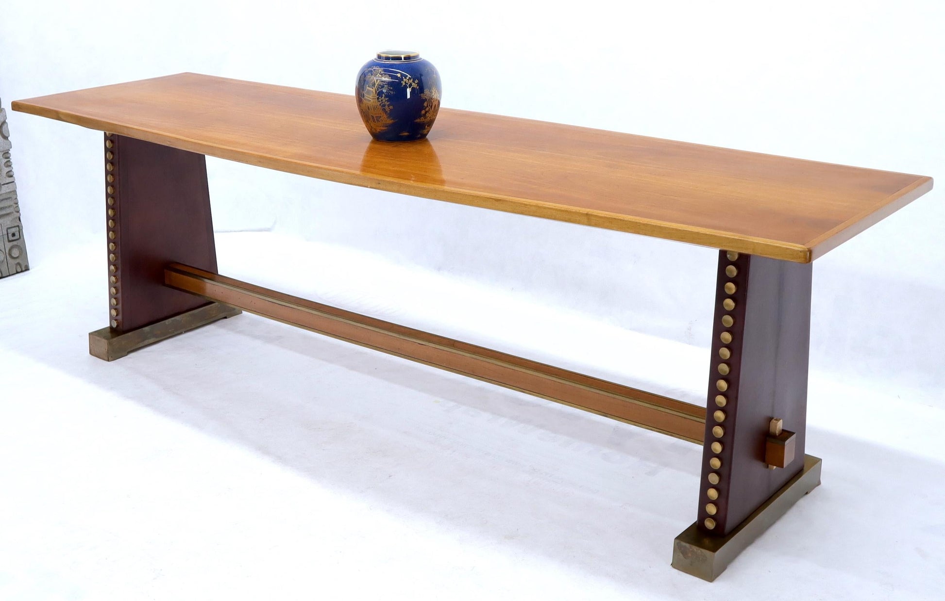 EstablishedLines Narrow Long Boat Shape Walnut Dining Harvest Table Studs Leather Brass Decorated