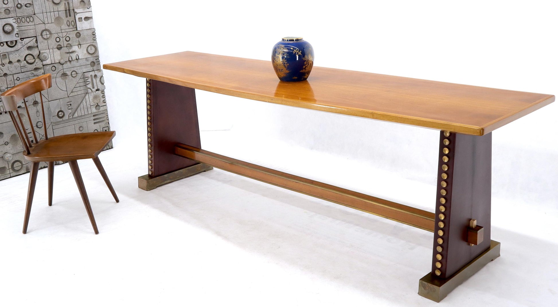 EstablishedLines Narrow Long Boat Shape Walnut Dining Harvest Table Studs Leather Brass Decorated