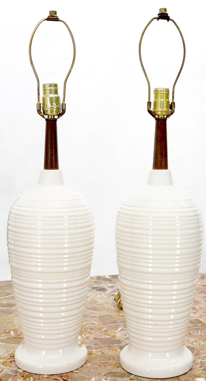 EstablishedLines Pair of Vase Shape Glazed Ceramic Pottery Walnut Table Lamps