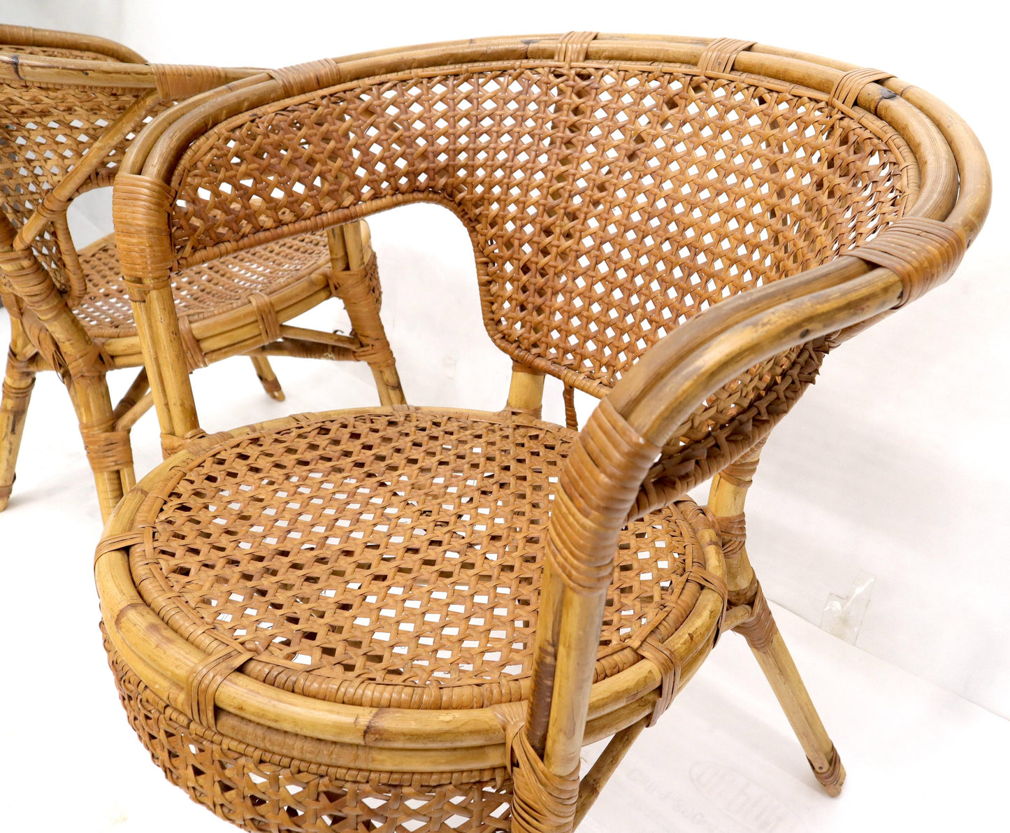 EstablishedLines Pair of Stunning Round Barrel Shape Bamboo Rattan Cane Seat Chairs