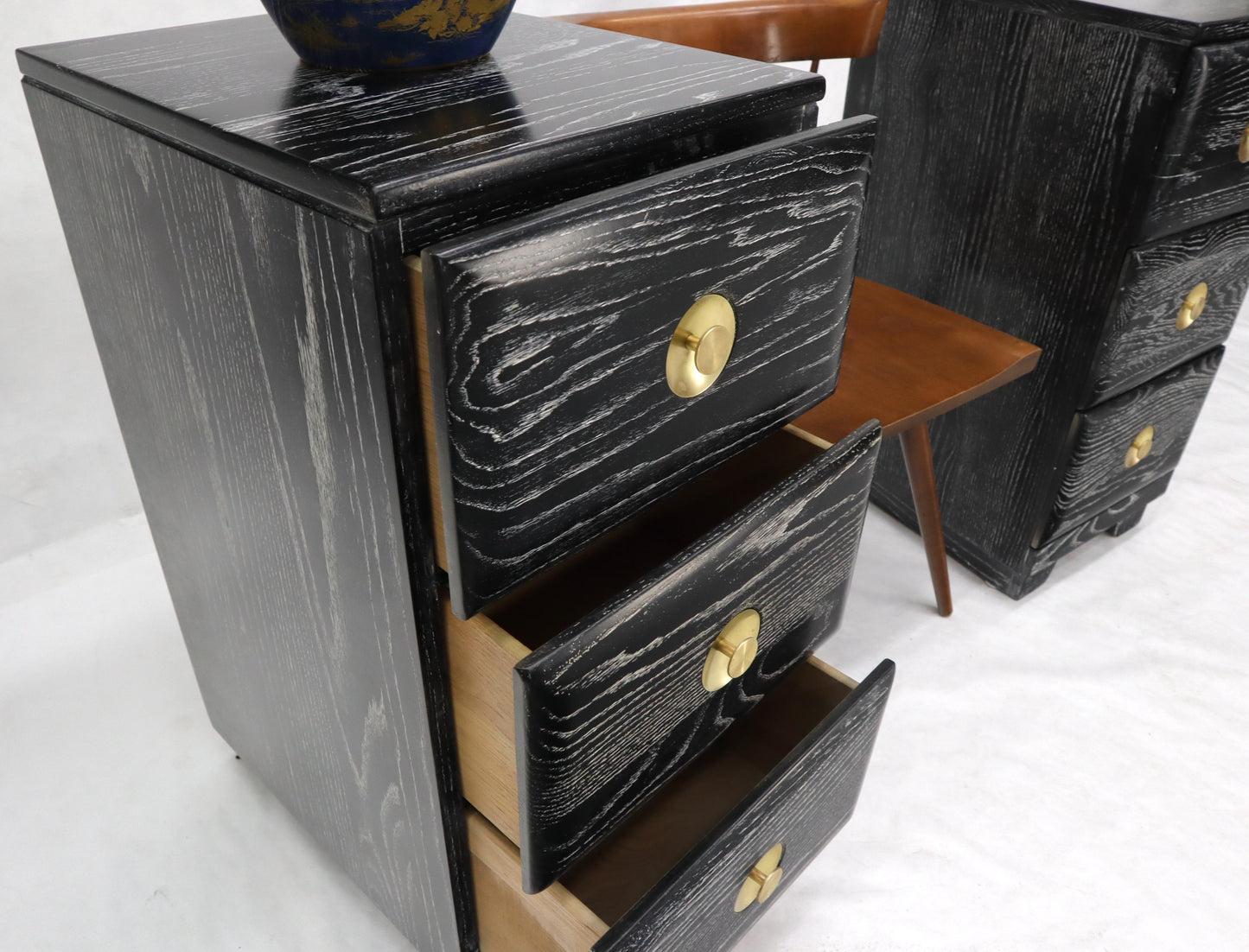 EstablishedLines Pair of Three-Drawer Ceruised Oak Nightstands End Tables