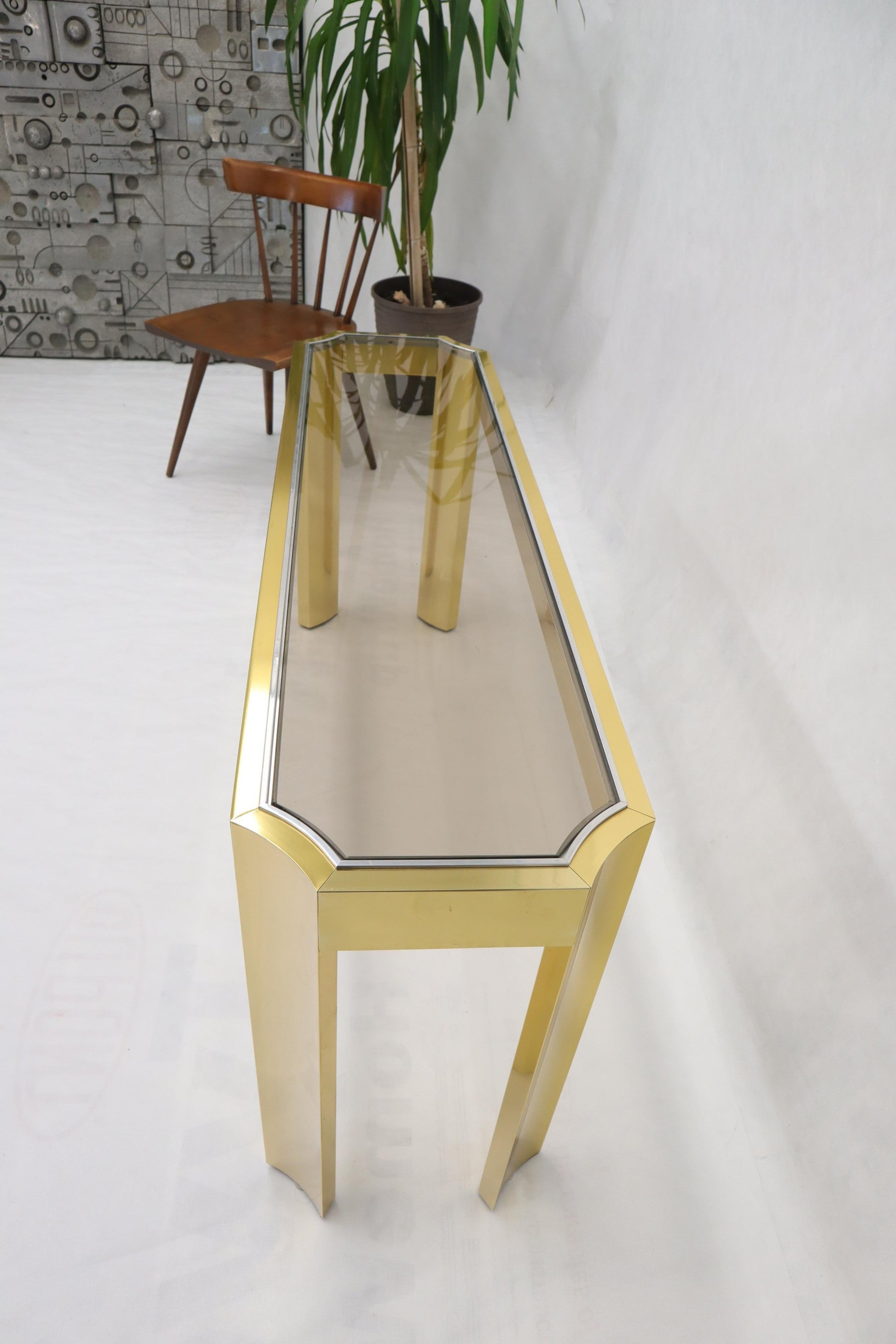 EstablishedLines Concave Leg Brass and Glass Top Rectangular Console Sofa Table