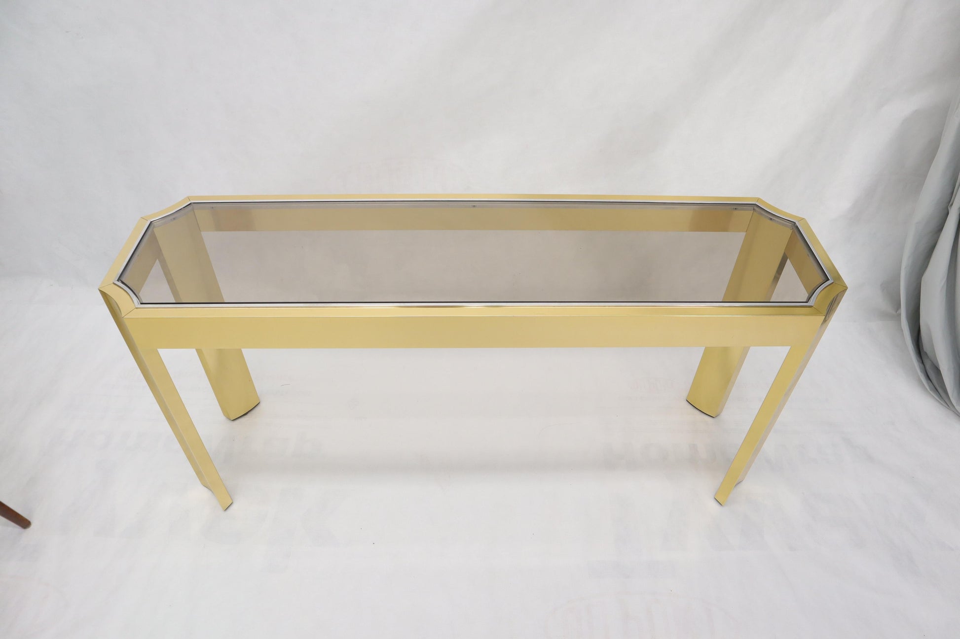 EstablishedLines Concave Leg Brass and Glass Top Rectangular Console Sofa Table