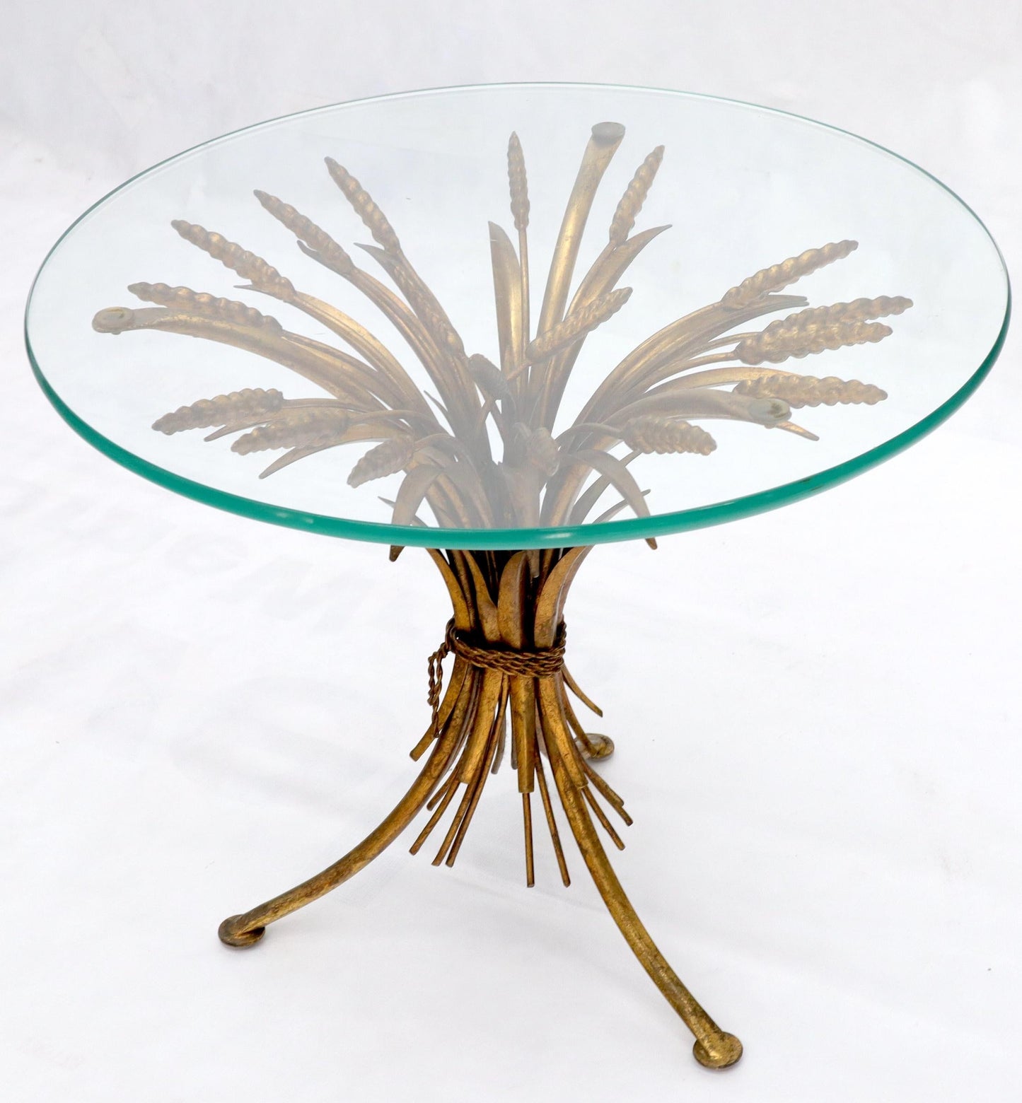 EstablishedLines Gold Gild Metal Wheat Sheaf Round Glass Top Side Occasional Table Stand