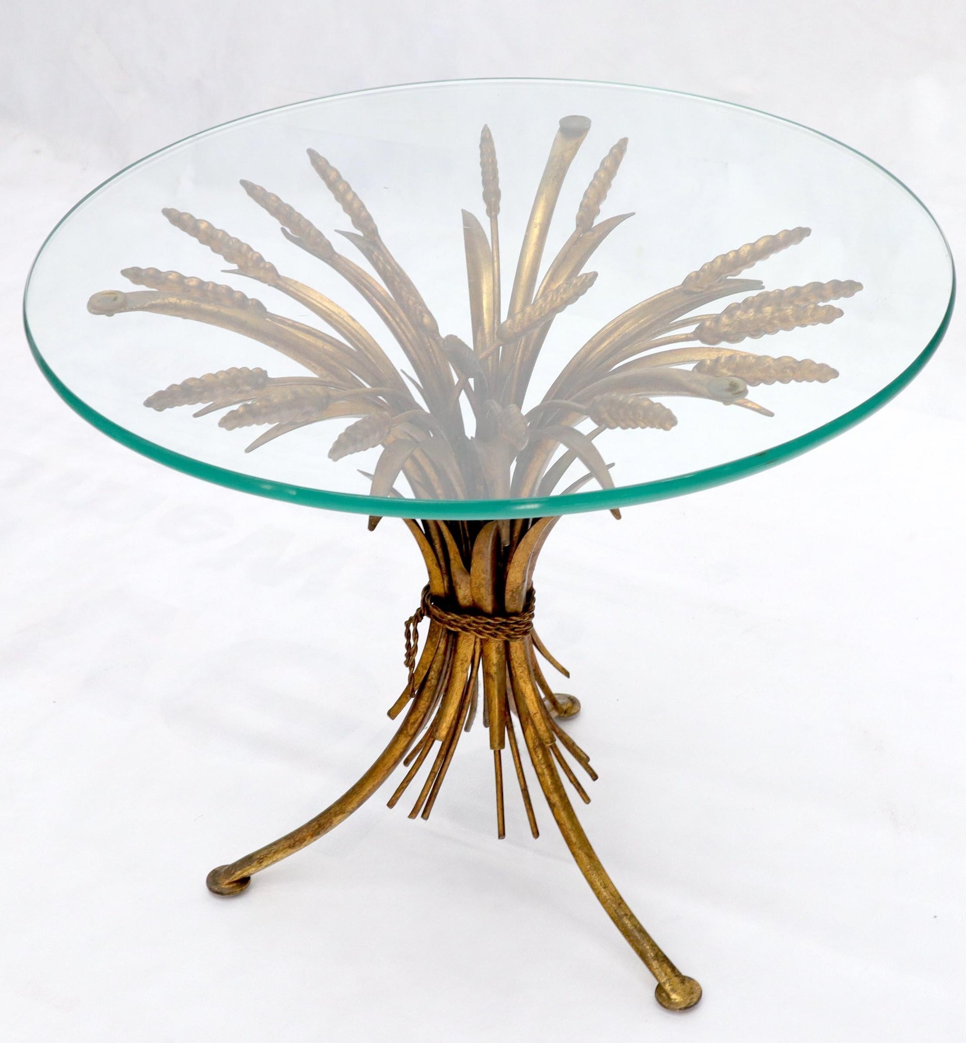 EstablishedLines Gold Gild Metal Wheat Sheaf Round Glass Top Side Occasional Table Stand