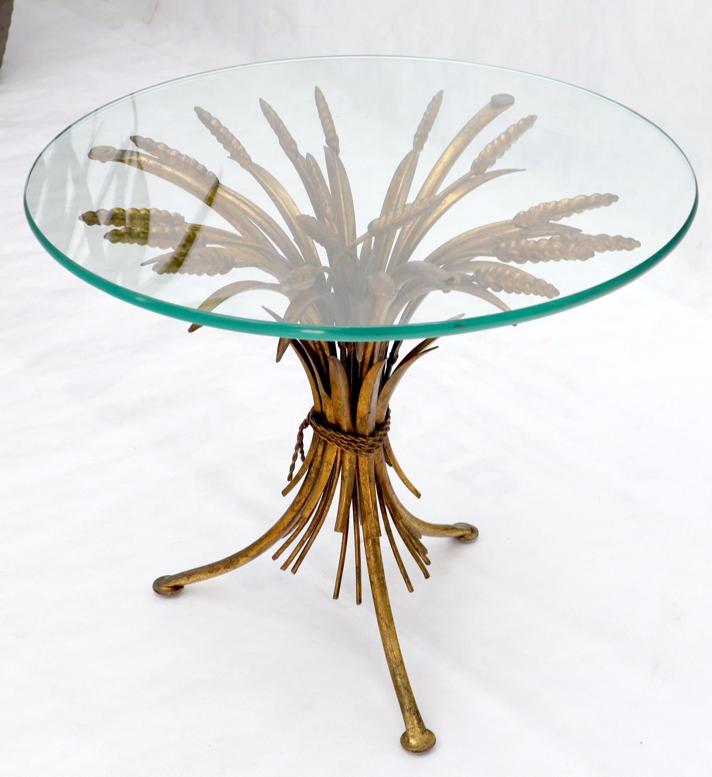 EstablishedLines Gold Gild Metal Wheat Sheaf Round Glass Top Side Occasional Table Stand