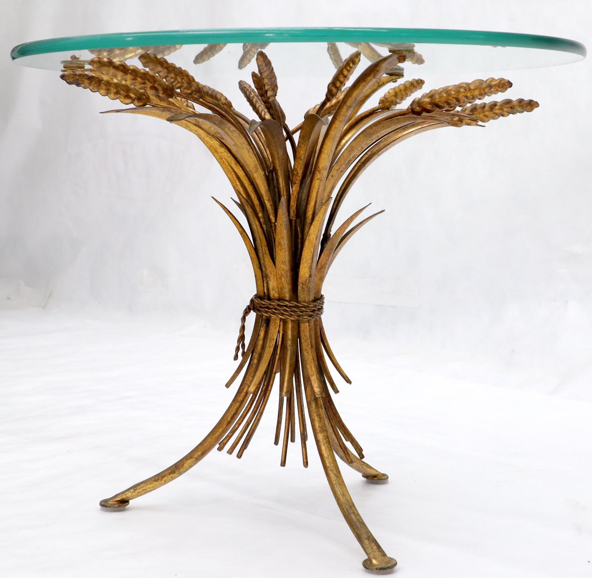 EstablishedLines Gold Gild Metal Wheat Sheaf Round Glass Top Side Occasional Table Stand