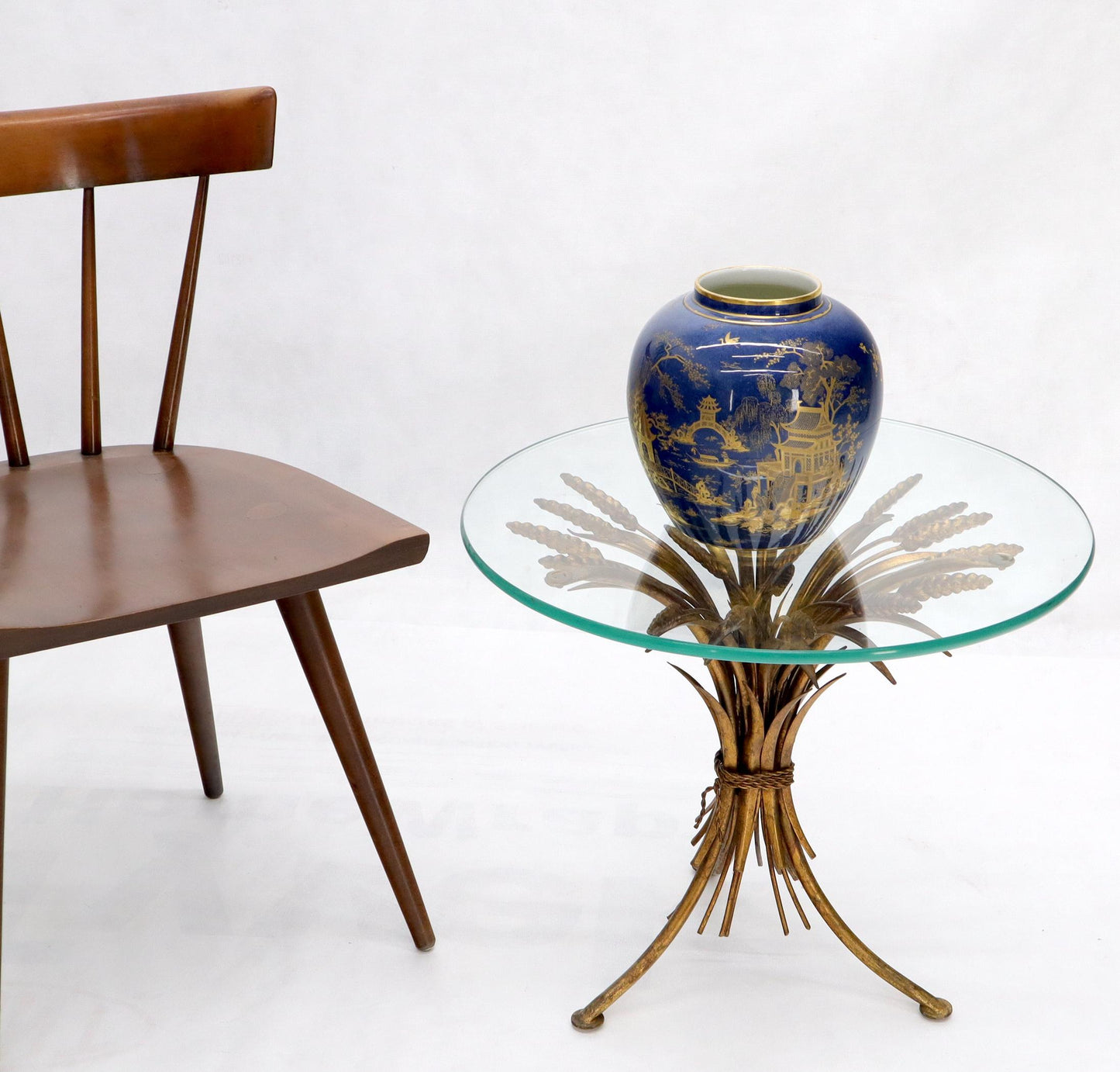 EstablishedLines Gold Gild Metal Wheat Sheaf Round Glass Top Side Occasional Table Stand
