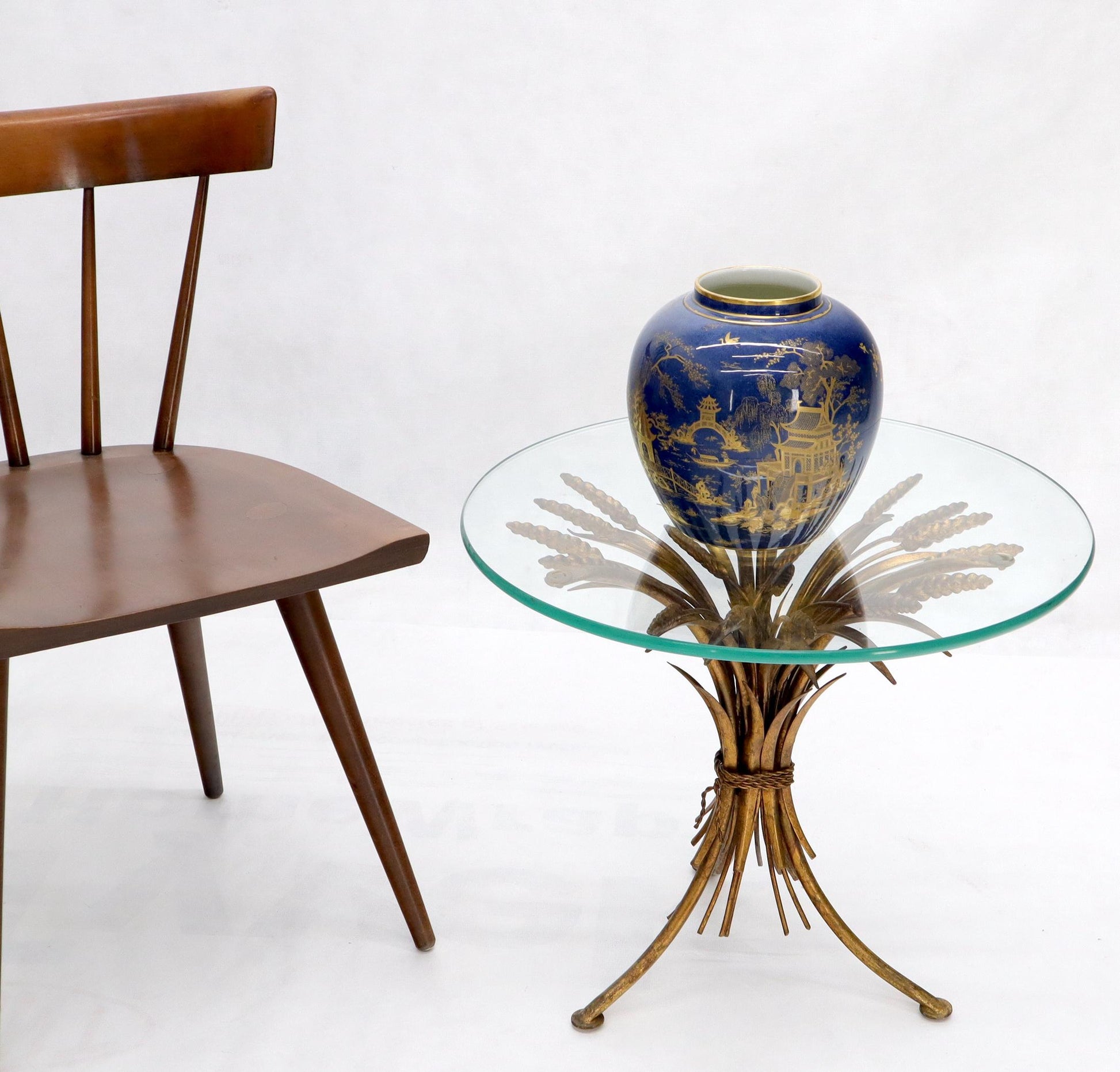 EstablishedLines Gold Gild Metal Wheat Sheaf Round Glass Top Side Occasional Table Stand