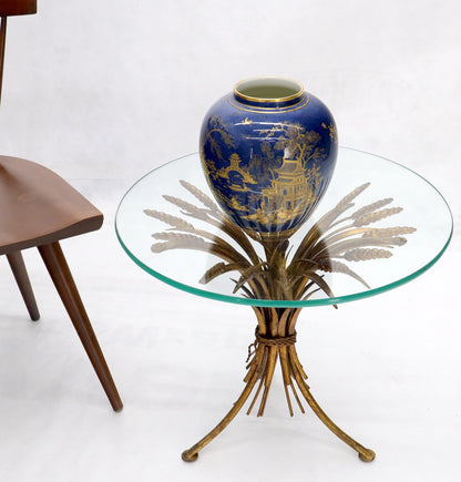 EstablishedLines Gold Gild Metal Wheat Sheaf Round Glass Top Side Occasional Table Stand