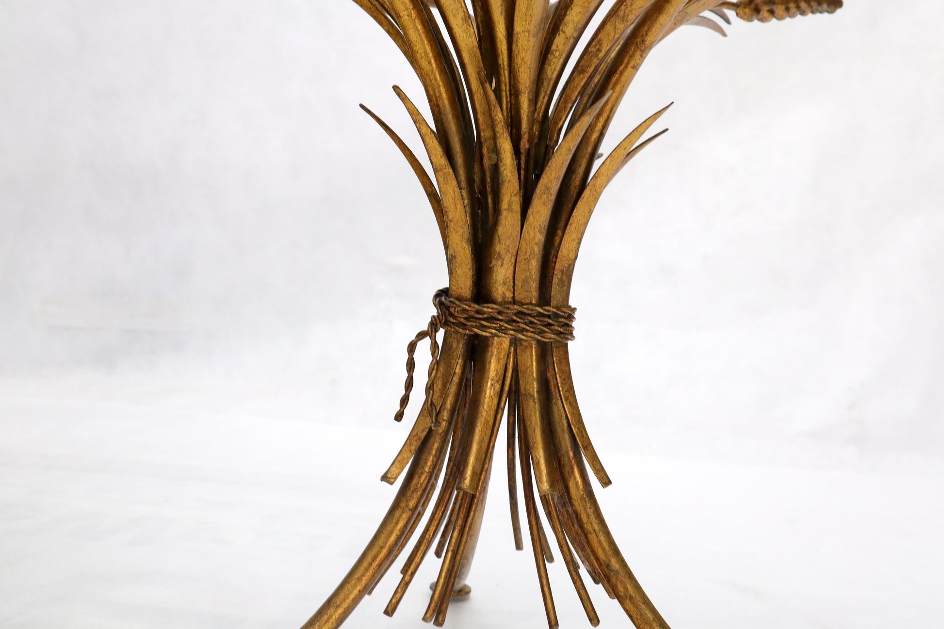 EstablishedLines Gold Gild Metal Wheat Sheaf Round Glass Top Side Occasional Table Stand