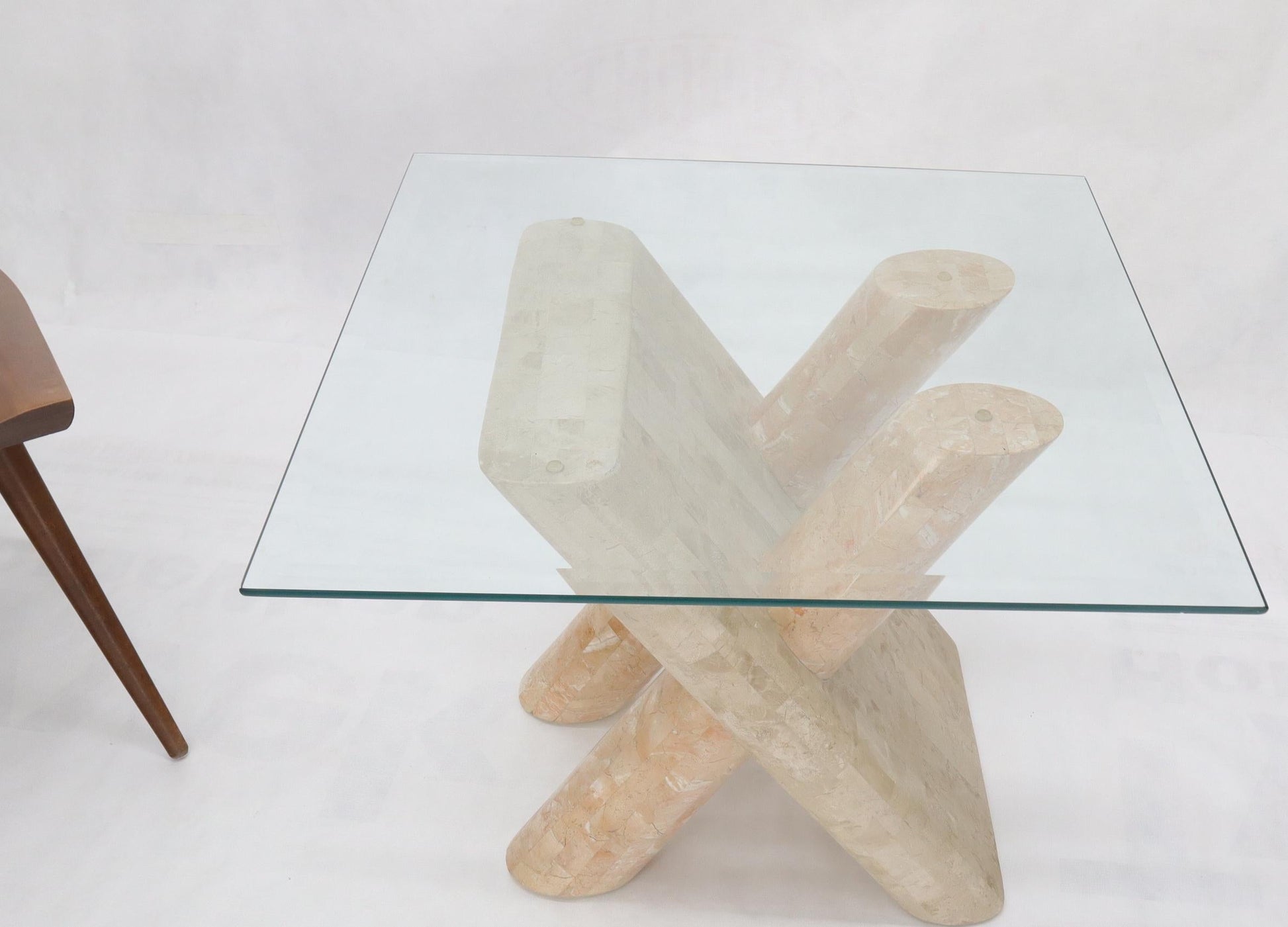 EstablishedLines Tessellated Stone Rounded X-Shape Base Side Occasional Square Glass Top Table