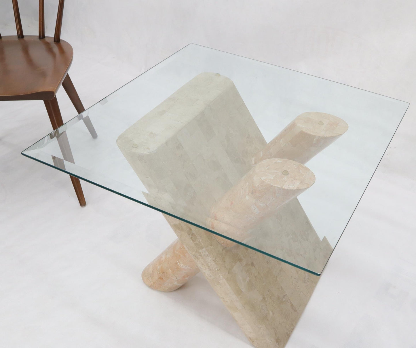 EstablishedLines Tessellated Stone Rounded X-Shape Base Side Occasional Square Glass Top Table