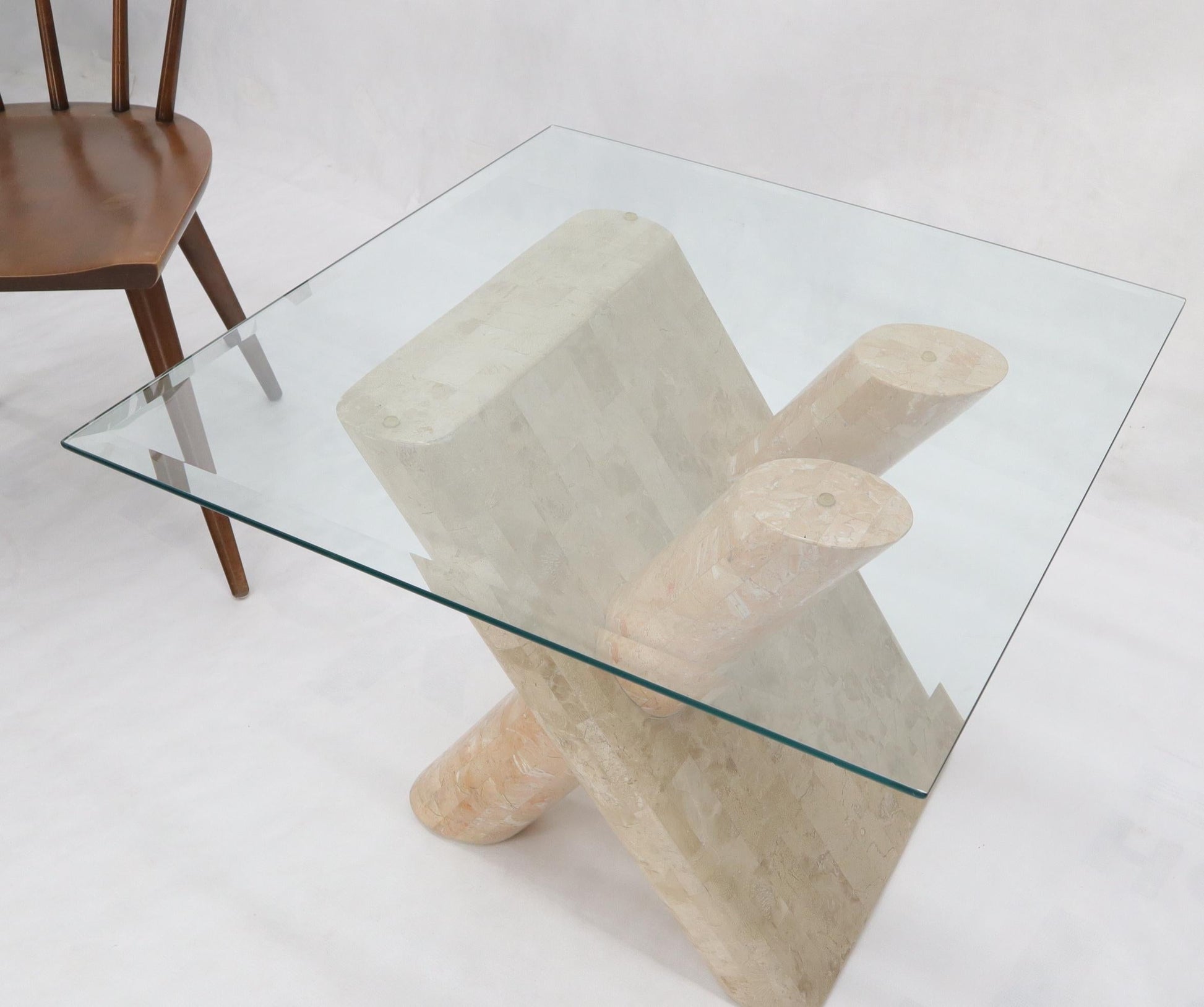 EstablishedLines Tessellated Stone Rounded X-Shape Base Side Occasional Square Glass Top Table