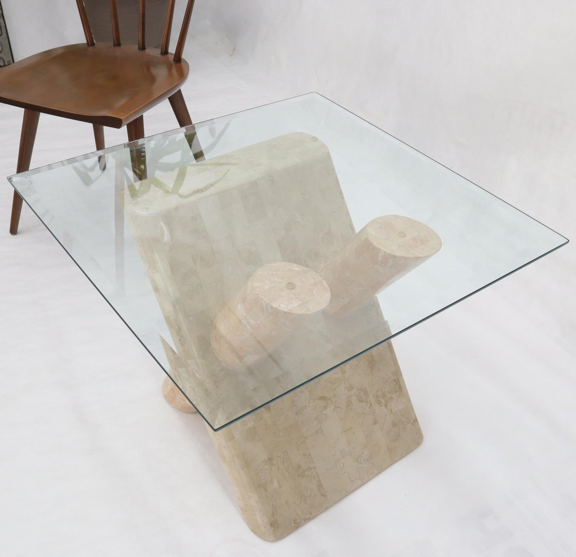 EstablishedLines Tessellated Stone Rounded X-Shape Base Side Occasional Square Glass Top Table