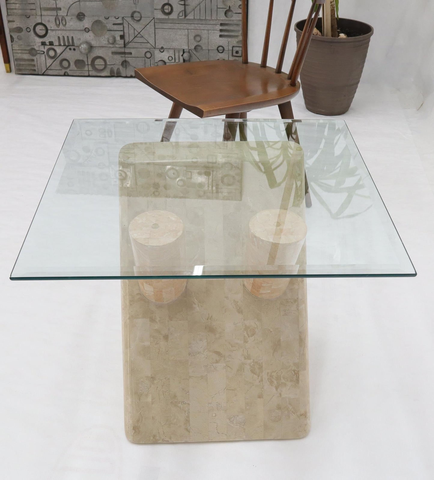 EstablishedLines Tessellated Stone Rounded X-Shape Base Side Occasional Square Glass Top Table