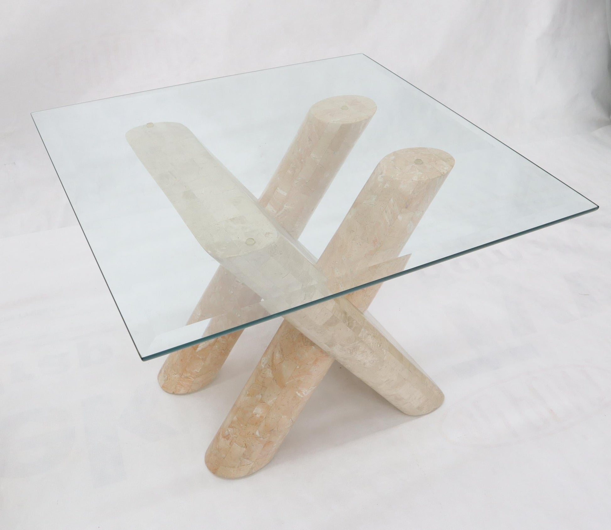 EstablishedLines Tessellated Stone Rounded X-Shape Base Side Occasional Square Glass Top Table