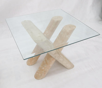 EstablishedLines Tessellated Stone Rounded X-Shape Base Side Occasional Square Glass Top Table