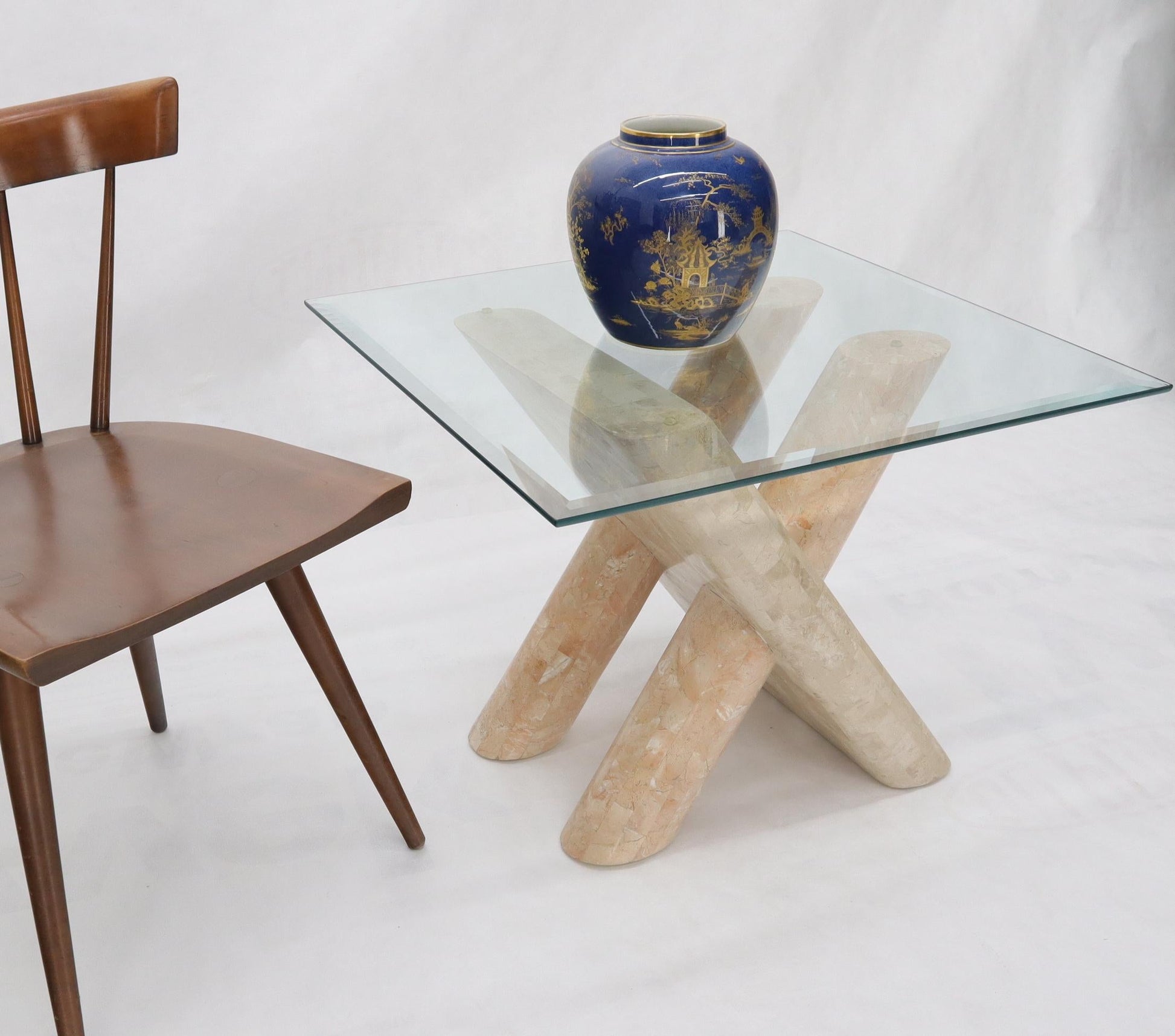EstablishedLines Tessellated Stone Rounded X-Shape Base Side Occasional Square Glass Top Table