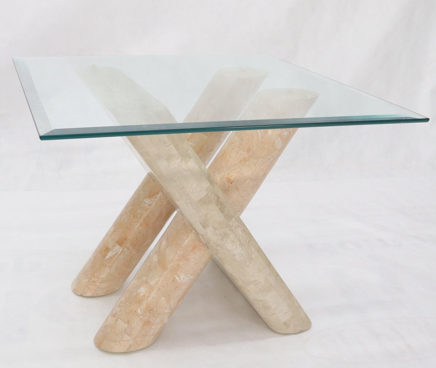 EstablishedLines Tessellated Stone Rounded X-Shape Base Side Occasional Square Glass Top Table