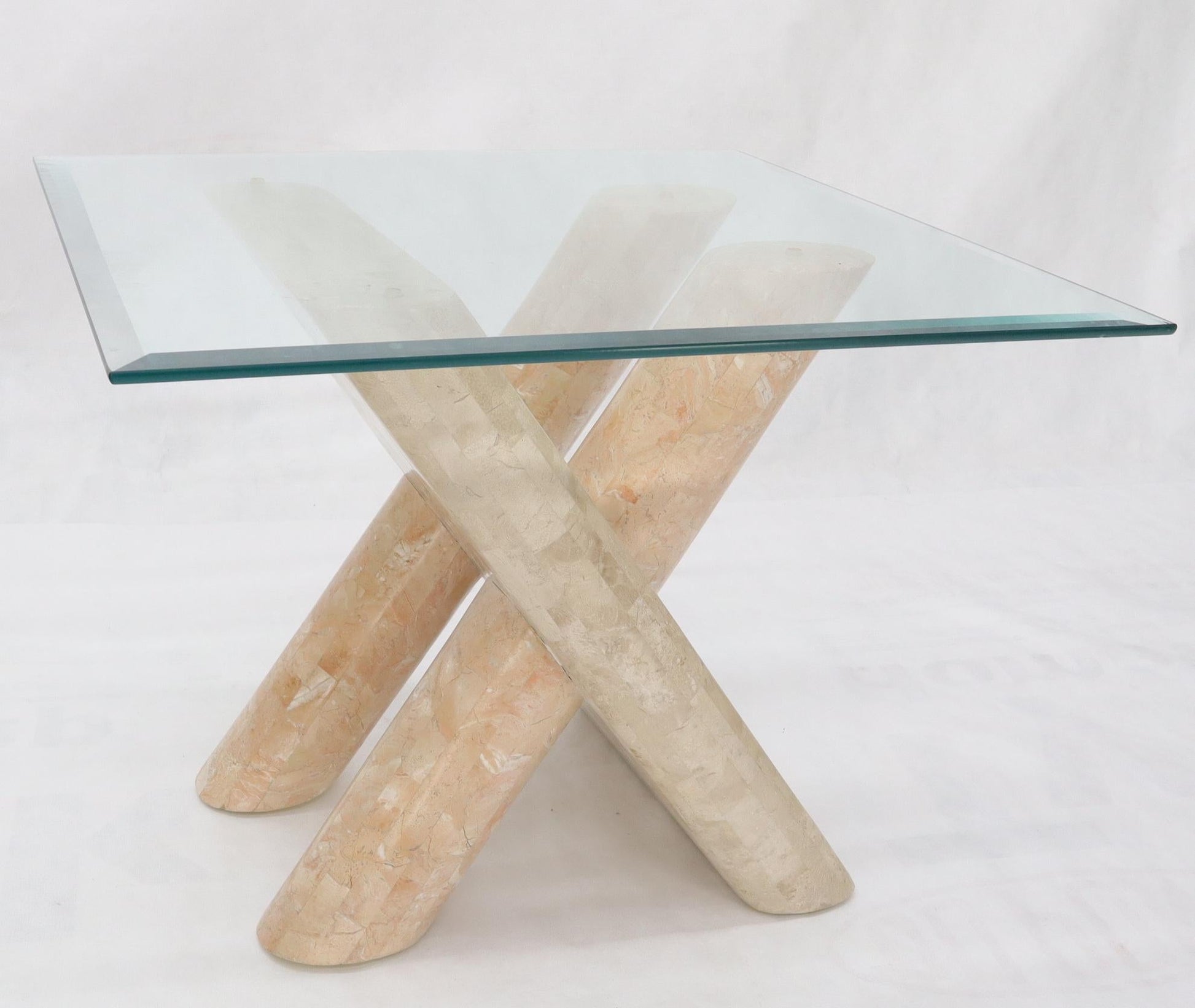 EstablishedLines Tessellated Stone Rounded X-Shape Base Side Occasional Square Glass Top Table