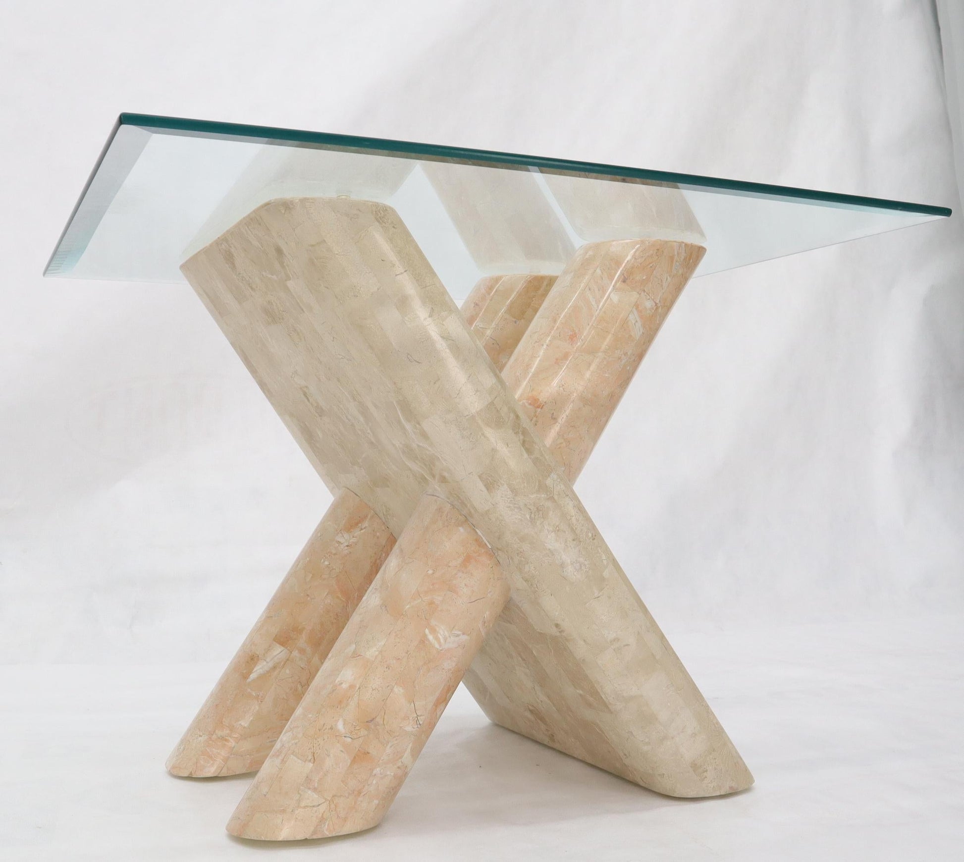 EstablishedLines Tessellated Stone Rounded X-Shape Base Side Occasional Square Glass Top Table