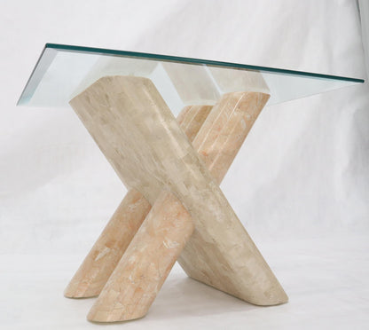 EstablishedLines Tessellated Stone Rounded X-Shape Base Side Occasional Square Glass Top Table