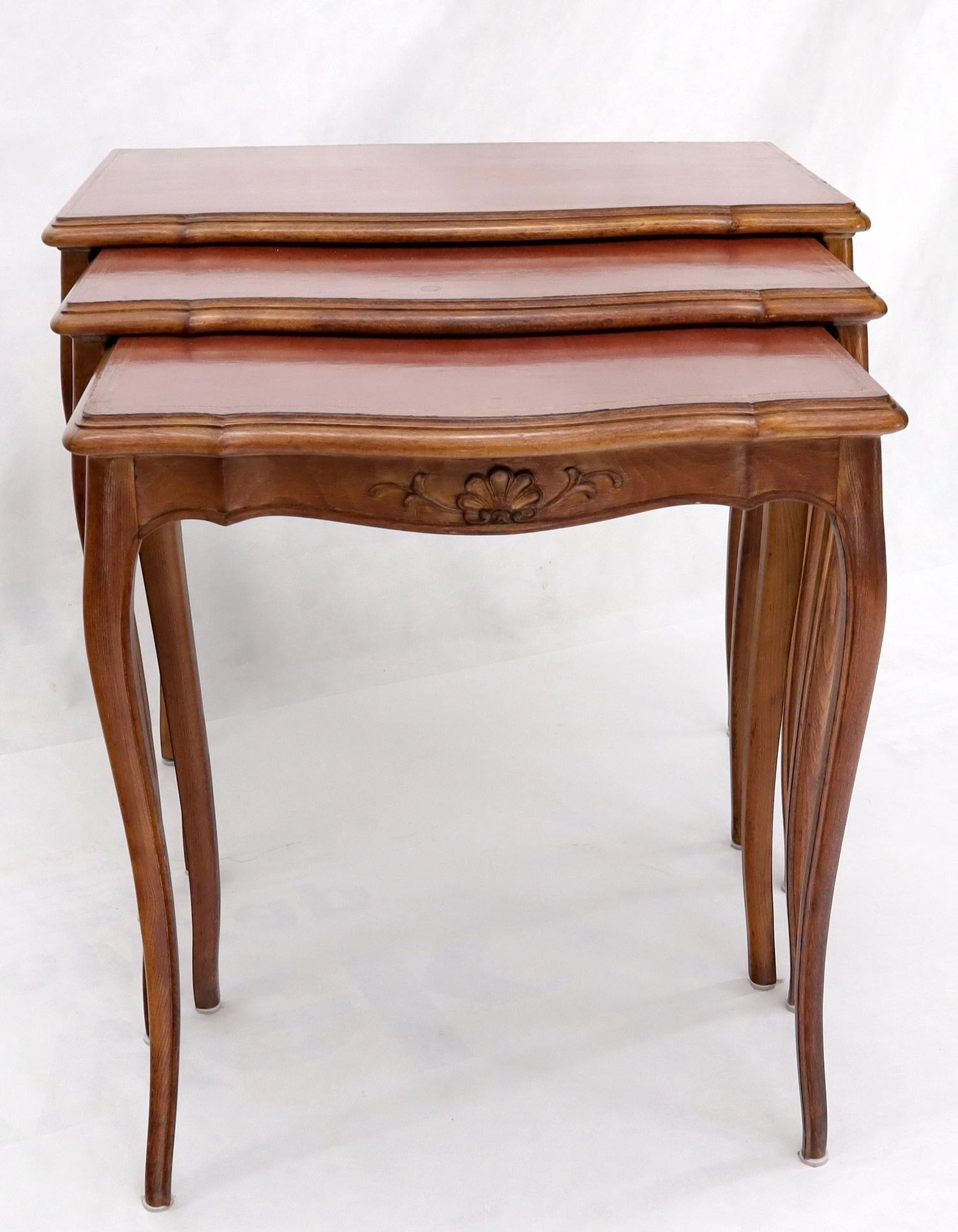 EstablishedLines Set of Rouge Tooled Leather Top Carved Walnut Cabriole Leg Set of Nesting Tables