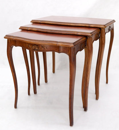 EstablishedLines Set of Rouge Tooled Leather Top Carved Walnut Cabriole Leg Set of Nesting Tables