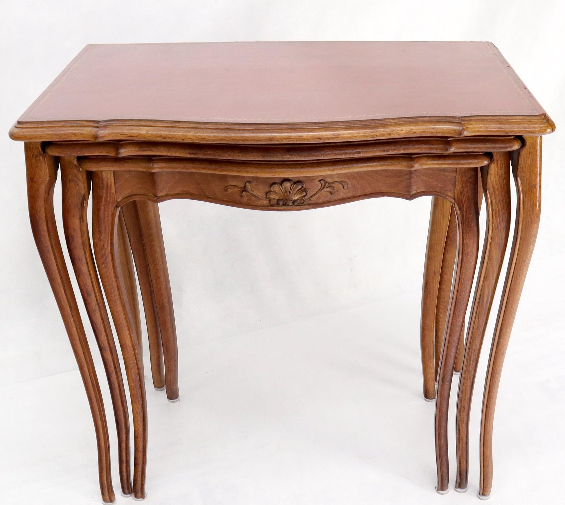 EstablishedLines Set of Rouge Tooled Leather Top Carved Walnut Cabriole Leg Set of Nesting Tables